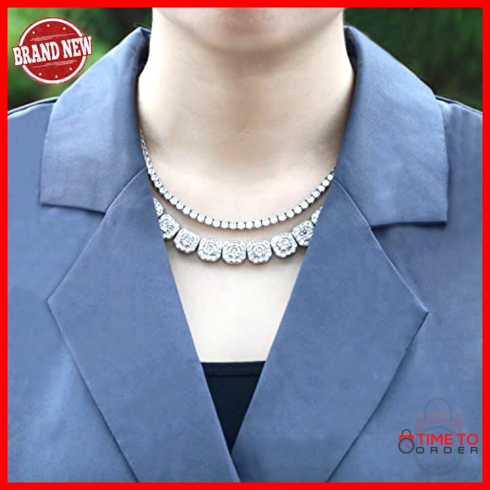 12mm Tennis Chain Necklace White Gold Plated Cuban Link Choker 16 Inch - Picture 3 of 7